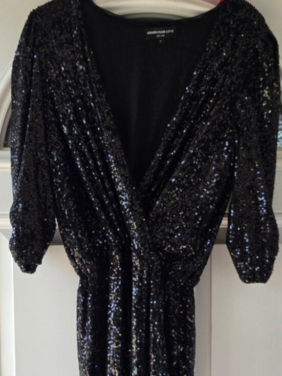 Generation Love Pants - Generation Love Sequin Jumpsuit Black XS Faux Wrap V-Neck Holiday Party NYE Glam